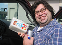 Jared with Red Bull and Baby Wipes
